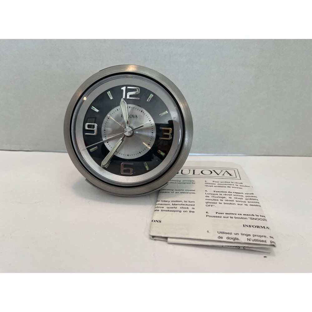 Bulova B5027 Lite Night Alarm Clock Brushed Silver-Tone 3.75" Desk Table Quartz